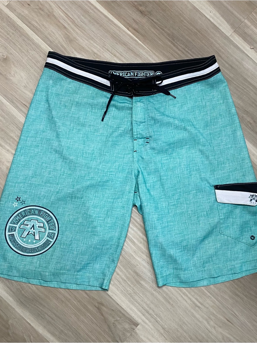 American Fighter Teal Swim Board Shorts with Black Waistband Mens Size 36